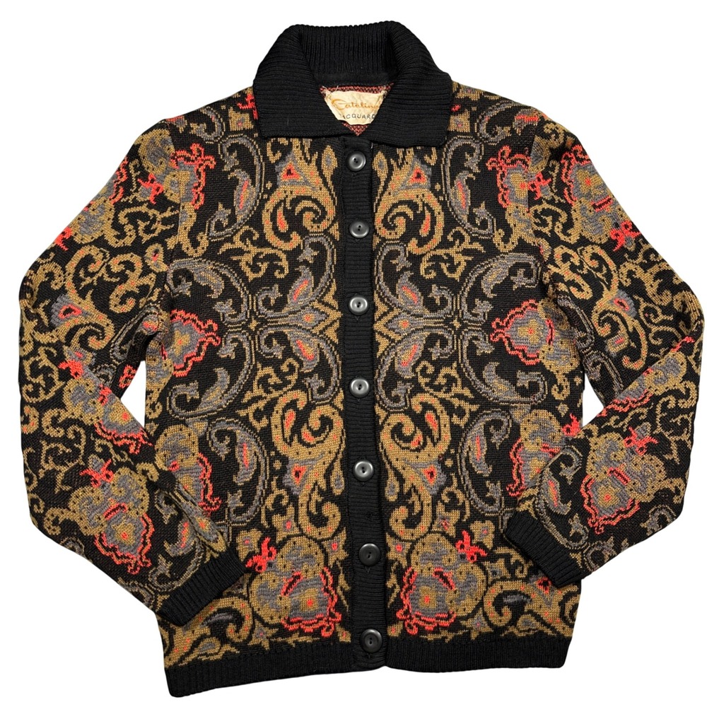 True Vtg 60s Catalina Jacquard Cardigan Sweater Black Gold‎ Paisley Scroll Knit